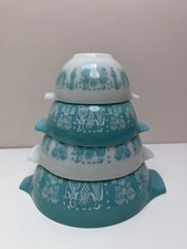 Vintage Pyrex Amish Butterprint Cinderella Mixing Bowls Set of 4 Turquoise picture