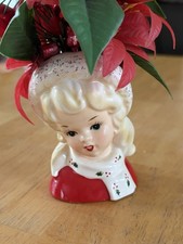 Vintage Inarco Girl Head Vase MINI Christmas Blonde Santa Hat picture
