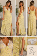 Kirious Los Angeles XL Yellow Floral Lace Maxi Dress Cottagecore Coquette Slit picture