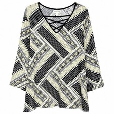 Emaline Womens 2X Top Yellow Black Paisley Striped Criss Cross V Neck 3/4 Sleeve picture