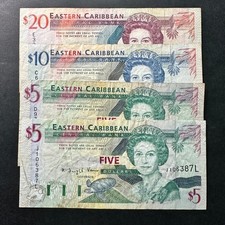 Eastern Caribbean Central Bank Banknotes Queen Elizabeth II $20 $10 $5 Lot of 4 picture