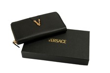 Versace Women's Black 100% Grainy Leather Gold V-Logo Zip Around Wallet picture