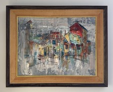 Vtg 50-60s Original Oil Painting MCM Abstract Art Urban Landscape Signed 18x24 picture