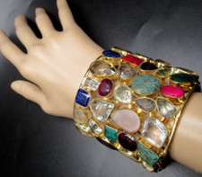 MASSIVE Over The Top Genuine Gemstone Gold Plate Cuff Bracelet GORGEOUS picture