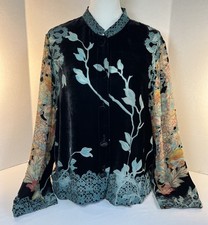 Citron Santa Monica Black Burn Out Velvet Blouse Blue Floral Rayon Silk Size S picture