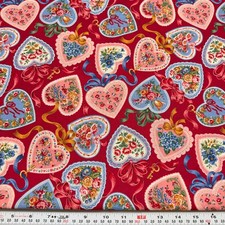 Vintage Cranston Floral Hearts Bows Keys Red Cotton Fabric by the HALF YARD picture