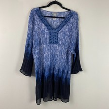 Catherines Pleated Tunic Shirt Size 3X Blue V Neck Embellished Bell Sleeve Sheer picture