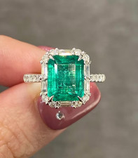 3CT Emerald Natural Emerald & Diamond Women's Engagement Ring 14k White Gold picture
