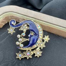 Vintage Dreamy Cute Blue Enamel Star Moon Brooch Luxury Jewelry Unisex Badges picture