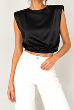 ZARA Women’s XS Black Satin Cropped Sleeveless Blouse Round Neck Shoulder Pads picture