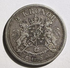 1880 2 Kronor OCH Rare Version Nice Original Toning AU picture