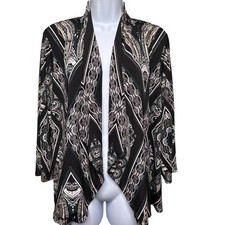 CHICO'S Black Paisley Travelers Open Front Cardigan Sz 2/L Draped Office Artsy picture