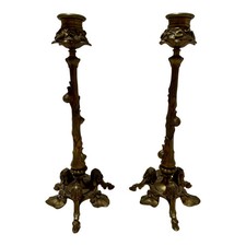 Ornate Gothic Revival Brass Candlesticks, Early 19th Century, Tripod Hoof Feet picture