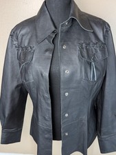 ⁠Vintage Newport News Jeanology Genuine Leather Lace Up Western Jacket Sz 12 picture