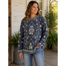 Sasson Womens Large Blue Vintage Floral Intarsia Knit Acrylic Sweater USA Made picture