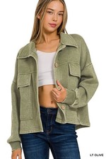Ladies Zenana Light Olive Acid Wash Fleece Front Pocket Cropped Shacket picture