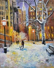 YARY DLUHOS New York City Street NYC Winter Snow Lights Original Oil Painting picture