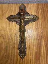 Lovely Vintage Ornate Brass Red Copper Enamel Wall Hanging Crucifix French   picture
