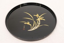 Vintage Japanese Aizu Lacquerware Round Tray Wooden Tea Server Orchid Gold Showa picture