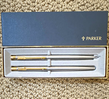 Vintage Parker Classic Pen and Pencil Set Stainless Steel Gold Trim Flighter Box picture