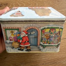 Vintage Ilona H Christmas Cottage Tin Made in England Santa Reindeer Sleigh picture