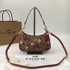 NWT COACH CY694 Teri Shoulder Bag Signature Canvas Cherry Print Tan Brown picture