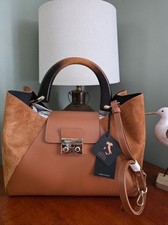 Claudia Firenze Isadora Satchel Tan Calf Leather Suede Wood Handle Bag Italy NWT picture