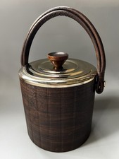 Vtg MCM Faux Rosewood Ice Bucket Brass Lid Wooden Knob Mid Century Barware picture
