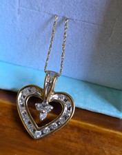 10k Yellow Gold Diamond Heart Charm Pendant Necklace, Cable Chain, Signed picture