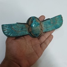 Egyptian Winged Blue Scarab, Handmade Vintage Pharaoh Decor & Collectible. picture