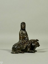 Antique 17th C. Qing Dynasty Chinese Bronze Figure of Guanyin Seated on A Lion picture