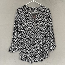 Cocomo Top Womens 2X Black Geometric 3/4 Sleeve Blouse Liquid Knit Stretchy New picture