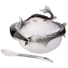 Lefard Sturgeon Round Porcelain Caviar Dish with Lid 5x4.3