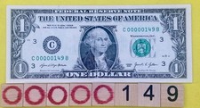 🔥Three Digit Low Serial Number C 00000149 B Fancy Serial One Dollar Bill Solid picture