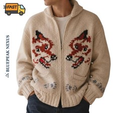 Nordic Fox Zip Cardigan Wool Blend Winter Sweater Vintage Streetwear Jacket picture