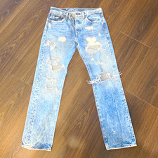 Levi's 501 Light Wash Distressed Straight Leg Denim Jeans Blue 5-Pocket Button picture
