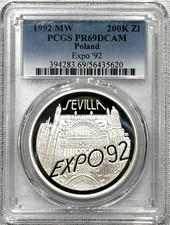 1992 Silver Poland 200,000 Zlotys Sevilla Expo Coin PCGS Proof 69 Deep Cameo picture