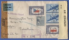 US 1942 dual Censored Clipper cover   Palestine 15c Prexy + Overrun Nation Error picture