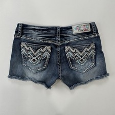 Grace in LA Dark Distressed Denim Shorts Embroidered Rhinestone Western Boho 29 picture
