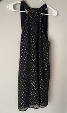 Chelsea 28 Women's Black/Gold Polka Dot Chiffon Shift Dress V-Neck Lined S picture