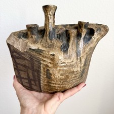 Mid Century Brutalist Hand Formed Ceramic Pottery Vase Signed & Dated Crespi 60 picture