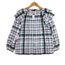 NWT Ann Taylor Plaid Ruffle Shoulder Long Sleeve Blouse size XS Green/Purple picture