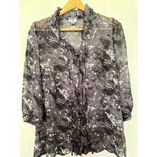 Worthington Womens Gray Abstract Ruffle V-Neck Sheer Blouse Size M 3/4 Sleeve picture