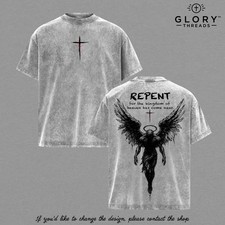 Repent Vintage Washed Oversized Christian T-Shirt, Angel Wings Faith Graphic Tee picture