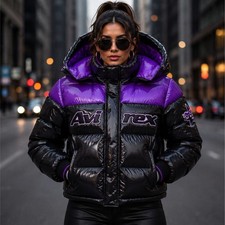 Women's Avirex Style Shiny Puffer Jacket Black Purple Hooded Bubble Winter Coat picture