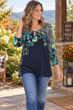 Susan Graver Printed Liquid Knit Top with Keyhole Trim TEAL  Size S picture
