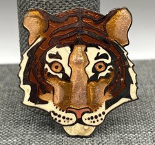 Vintage 1990 William Wm Spear Guilloche Enamel Tiger Cat Brooch Pin Silver Tone picture