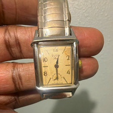 Elgin Shockmaster Men's Rectangle Manual Wind Small Seconds 17J Silver Bracelet picture