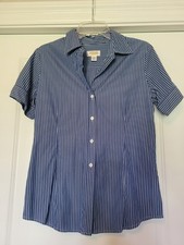 Talbots Women’s Button Up Blouse Shirt Blue White Stripe Size 10 picture