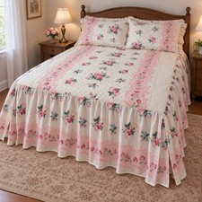 Vintage Floral Quilted Bedspread Full Double Pink Rose Ruffled Satin Cottagecore picture